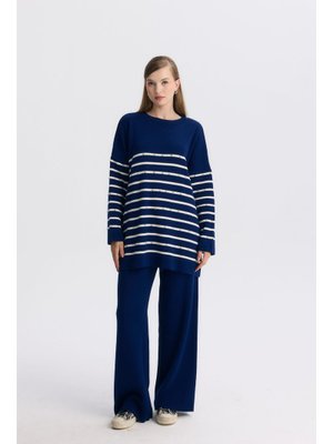 Lacivert Çizgili Basic Taş Detaylı Triko Takım