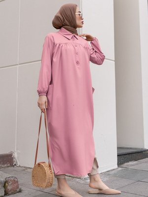 Yanları Yırtmaç Robalı Büzgülü Tunik Pudra Yanları Yırtmaç Robalı Büzgülü Tunik Pudra