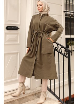 Haki Yakası Düğme Detaylı Kuşaklı Trençkot