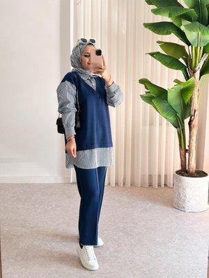 Modal Gömlek Yaka Çizgili İkili Takım Lacivert Modal Gömlek Yaka Çizgili İkili Takım Lacivert