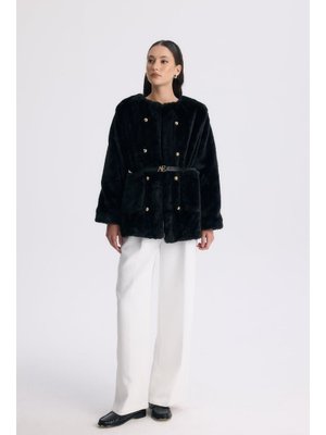Siyah Fayanna Cep Detaylı Kürk