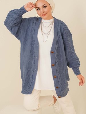 Örgü Desenli Önden Düğmeli Hırka İndigo