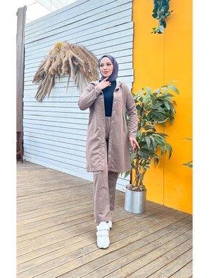 Çıtçıtlı Kapüşonlu Uzun Tunik Pantolon İkili Eşofman Takımı Vizon Çıtçıtlı Kapüşonlu Uzun Tunik Pantolon İkili Eşofman Takımı Vizon