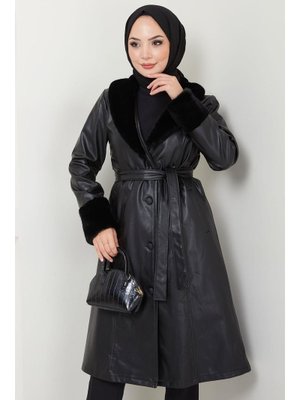 Siyah Kürk Detaylı Suni Deri Trençkot Siyah Kürk Detaylı Suni Deri Trençkot