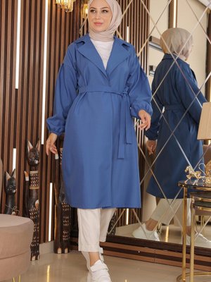 Geniş Yaka Kuşaklı Trençkot Mavi