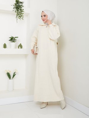 Ekru Fermuarlı Triko Elbise