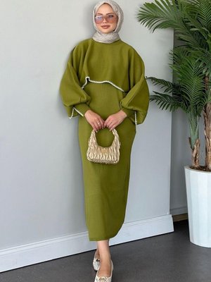 Crop Görünümlü Triko Elbise Yağyeşili