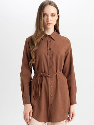 Regular Fit Yaka Poplin Basic Düz Uzun Kollu Gömlek Tunik D4160ax24au