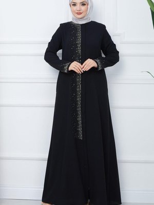 Işıl Taş Detaylı Büyük Beden Ferace Siyah