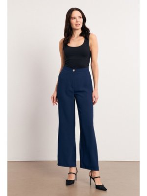 İndigo Yüksek Bel Geniş Paça Pantolon