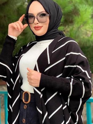 Siyah Çizgili Simli Yarasa Kol Triko Hırka