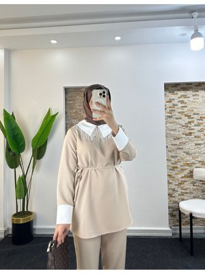 Scuba Kumaş İnci Detaylı Tunik Takım