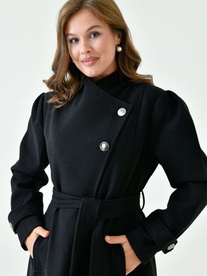 Düğmeli Kruvaze Yaka Kuşaklı Astarlı Uzun Kollu Siyah Kaşe Kaban