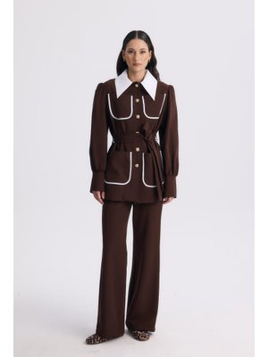 Kahve Uzun Yaka Gold Düğmeli Takım