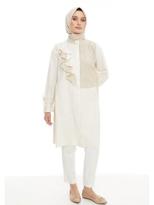 Krem Bej Volan Detaylı Dik Yaka Tunik