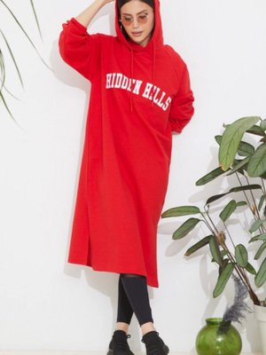 Kapüşonlu Baskılı Tunik Sweatshirt