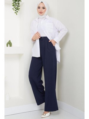 Lacivert Kuşgözü Detaylı Bağcıklı Pantolon Lacivert Kuşgözü Detaylı Bağcıklı Pantolon