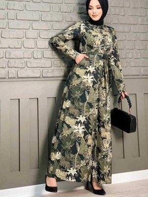 Güğüs Kısmı Gizli Düğmeli Bel Kuşaklı Baskı Desenli Tulum Siyah