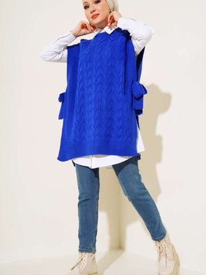 Yandan Kuşak Bağlamalı Süveter Saks Mavisi