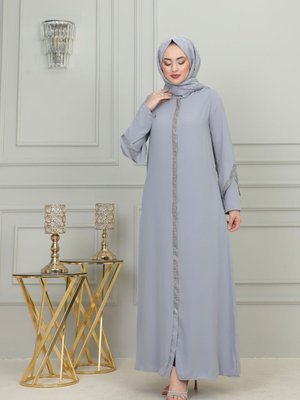 Kopya Büyük Beden Taş Şeritli Koldan Detaylı Lazer Taşlı Krep Kumaş Ferace