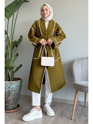 Çoban Dikiş Kuşaklı Yağ Yeşili Kaşe Kaban