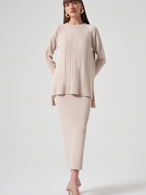 Merserize Triko Kalem Etekli Takım Bej