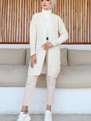 Kiraz Kabartmalı Triko Hırka Taş Rengi