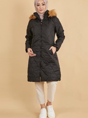 Fermuarlı Kapitone Şişme Mont Siyah