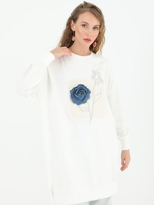 Ekru İki İplik Kumaş Nakışlı Ve Çiçekli Sweatshirt