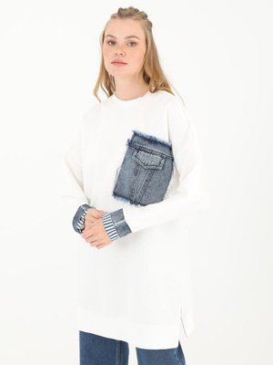 Ekru İki İplik Kumaş Kot Garnili Sweatshirt Ekru İki İplik Kumaş Kot Garnili Sweatshirt