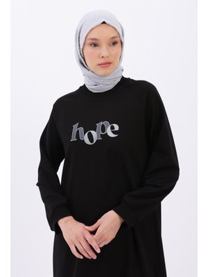 Siyah Nakışlı Fermuar Detaylı Reglan Kol Sweat Tunik