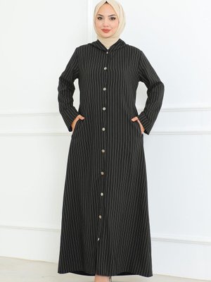 Siyah Düğme Detaylı Ahsen Elbise