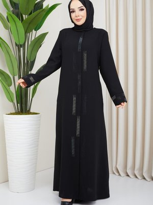 Taş Detaylı Büyük Beden Ferace Siyah