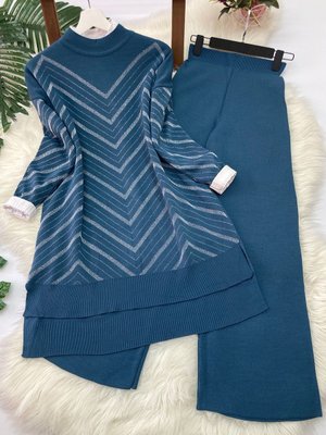 Simli Triko Tunik Pantolon Takım İndigo