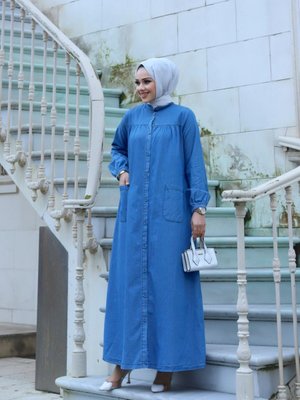 Açık Lacivert Cep Detaylı Kot Elbise