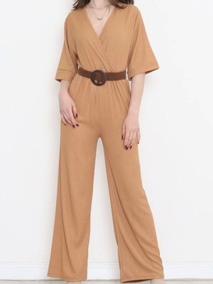 Hasır Kemerli Bürümcük Tulum Sütlükahve Hasır Kemerli Bürümcük Tulum Sütlükahve