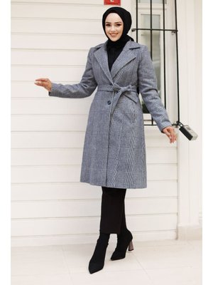 Lacivert Beli Kuşaklı Çift Düğmeli Kaban Lacivert Beli Kuşaklı Çift Düğmeli Kaban