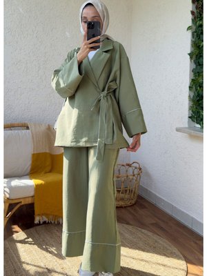 Biye Detaylı Yandan Bağlamalı Alt Üst Pantolon Ve Kimono Takım Haki