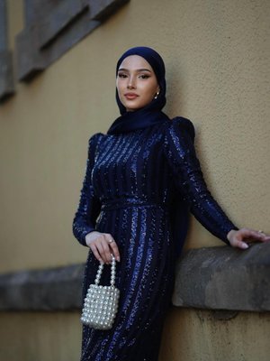 Maren Lacivert Kemerli Şerit Pullu Abiye Elbise