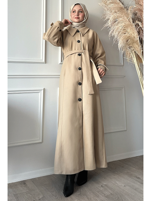 Bej Blair Yakalı Kuşaklı Kaşe Kaban