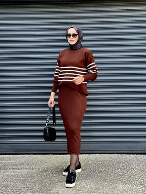 Kahve Jileli Triko Takım