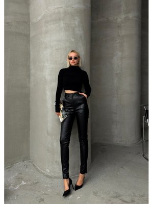 Siyah Deri Görünümlü Dikiş Detaylı Skinny Fit Pantolon