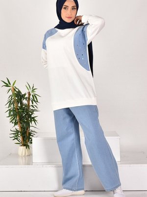 Ekru İki İplik Kumaş Kot Garnili İkili Takım Ekru İki İplik Kumaş Kot Garnili İkili Takım