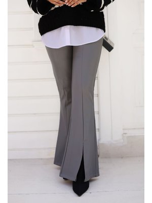 Gri İspanyol Paça Önü Yırtmaçlı Deri Pantolon Gri İspanyol Paça Önü Yırtmaçlı Deri Pantolon