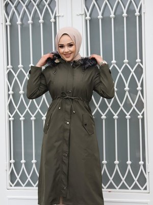 Haki Çift Fermuar Detaylı Mont