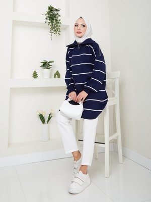 Lacivert Çizgili Fermuarlı Triko Tunik