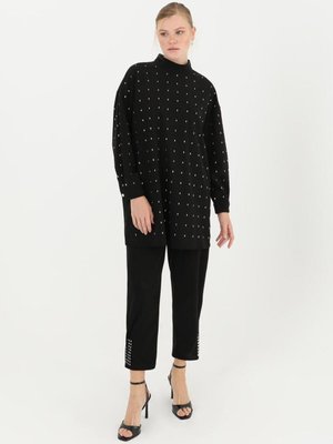 Siyah Krep Kumaş Önü Taş Baskılı İkili Takım