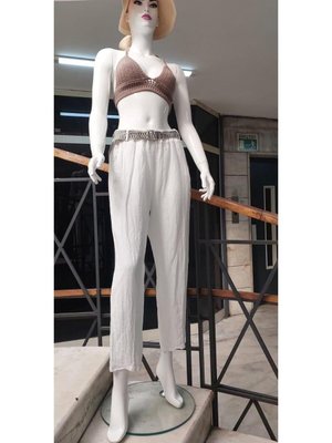 Beyaz İtalyan Kemerli Keten Pantolon