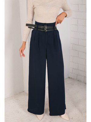 Lacivert Çift Kemerli Palazzo Pantolon