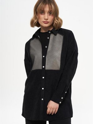 Fileli Gömlek Yaka Siyah Tunik